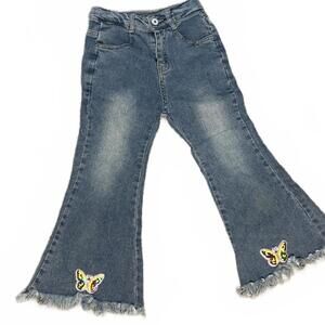 Girls Flare Leg Jeans with Raw Hem Butterfly Patches Adjustable Waist Size 2XL